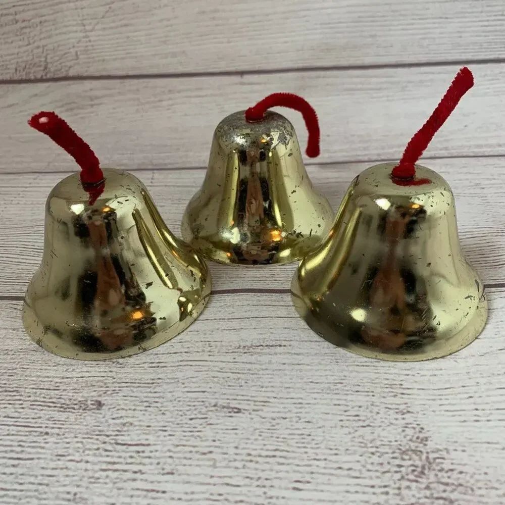 Vintage Gold Metal Bells Set of 3 with Red Strings 3